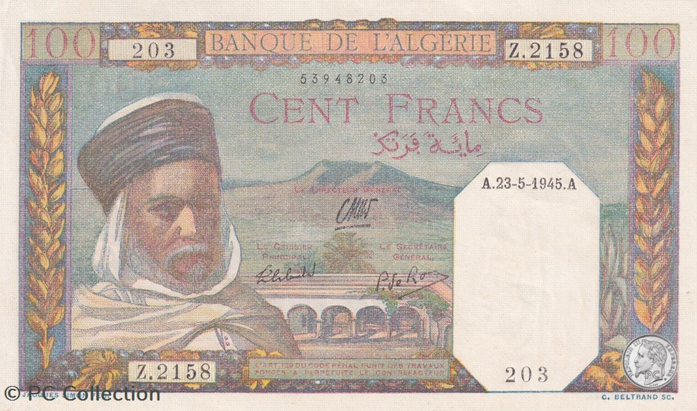 1945 Pick 85 100 Franc algérien 203 Unc billets afrique 1945 pick 85 100 franc algerien 203 unc