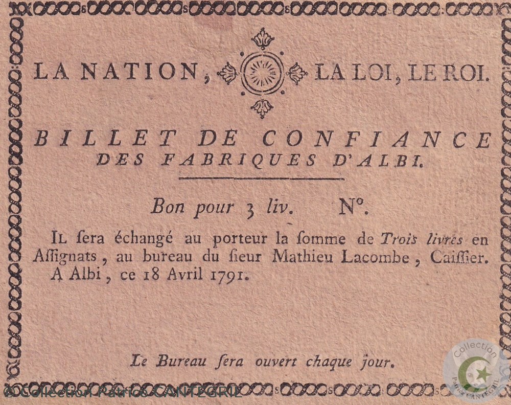 Billet de Confiance Albi 18 Avril 1791 billets europe france billet de confiance albi 18 avril 1791