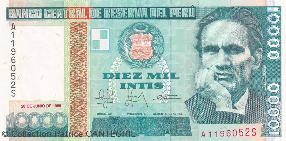 billets amerique du sud perou 10 000 intisbanco central de reserva del peru 28 06 1988 unc pick 140