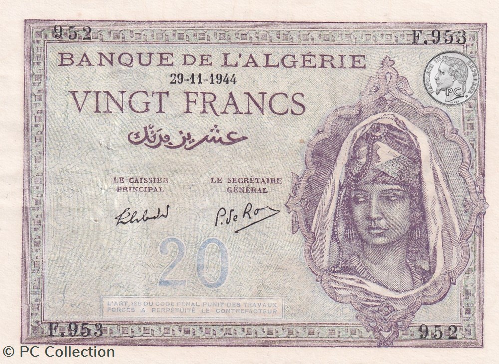 1944 Pick-92b.1 20 Franc algérien Spl (aunc) billets afrique 1944 pick 92b 1 20 franc algerien spl aunc