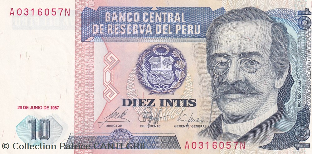 billets amerique du sud perou 10 intis banco central de reserva del peru 26 06 1987 unc pick 129