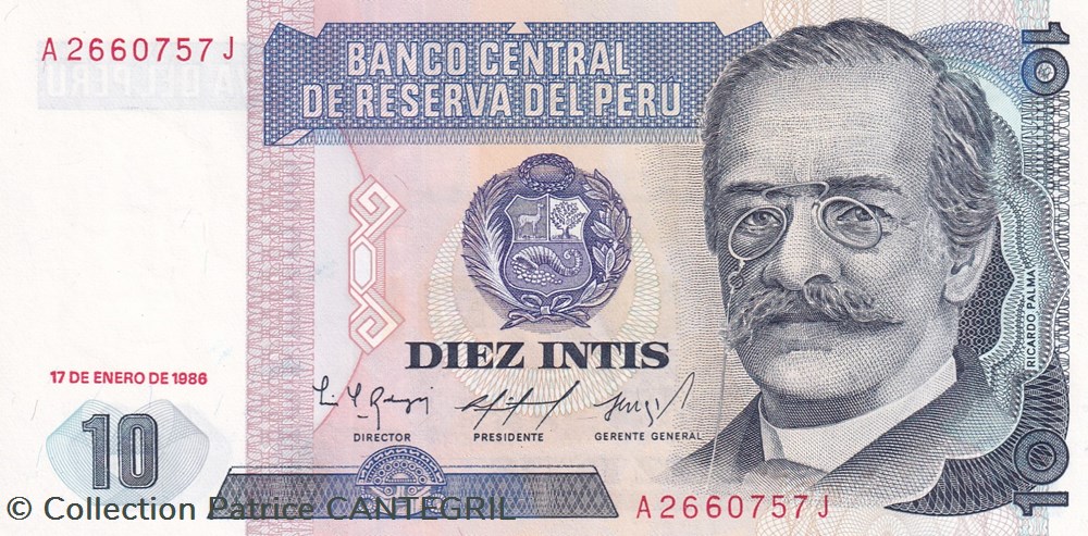 billets amerique du sud perou 10 intis banco central de reserva del peru 17 01 1986 unc pick 128