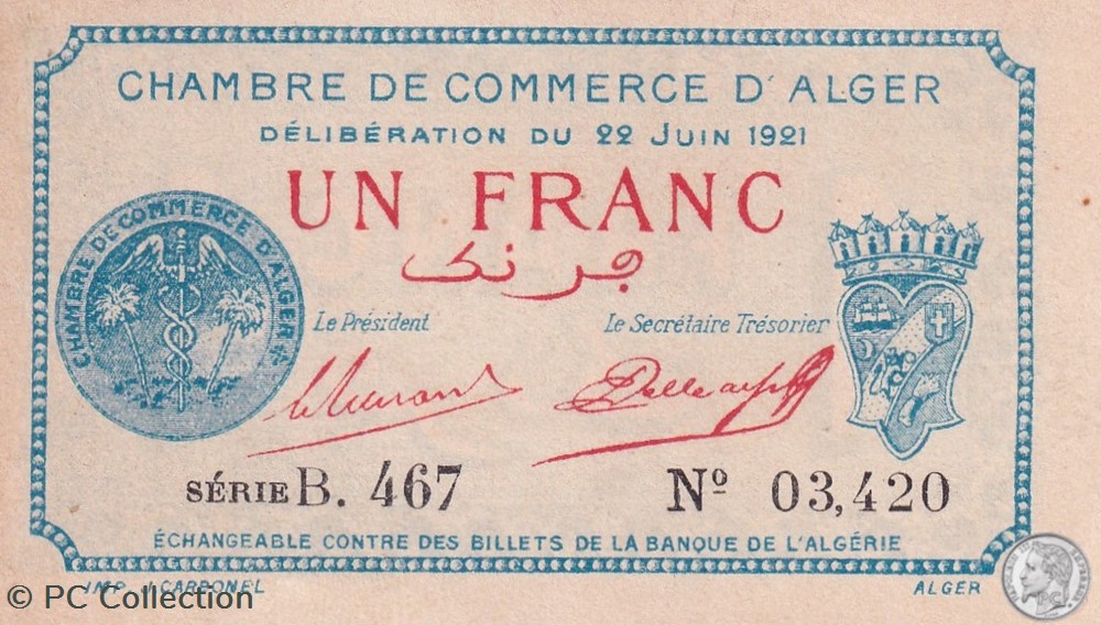 billets afrique algerie 137 22 22 6 1921 alger 1 franc cdc 3