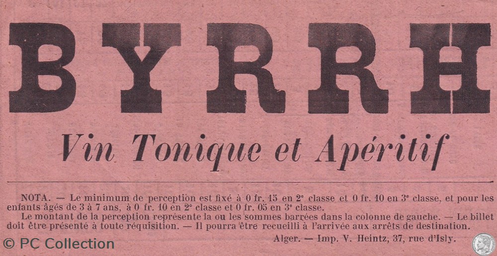 Ticket tramway d'Alger début XXe "Tramways / Chemins de Fer sur routes d'Algérie BYRRH documents anciens titres transport ticket tramway alger debut xxe tramways chemins de fer sur routes algerie byrrh