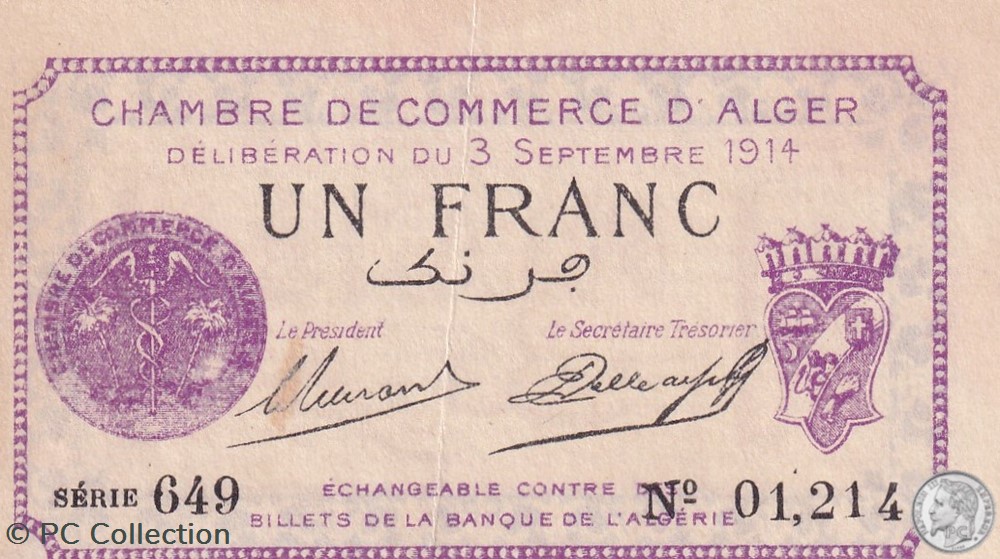 137-1 -3/9/1914 Alger 1 Franc Cdc. (15) billets afrique algerie 137 1 3 9 1914 alger 1 franc cdc 15