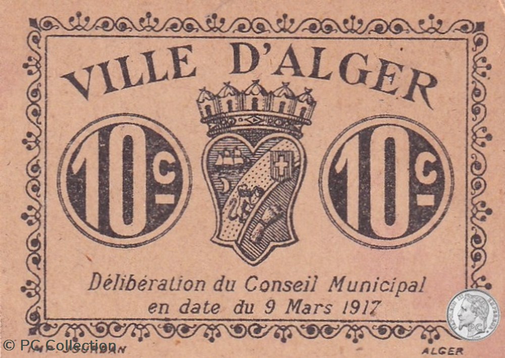 Ville d'Alger- 9/3/1917 10 Centimes Beige (4) billets afrique algerie ville alger 9 3 1917 10 centimes beige 4