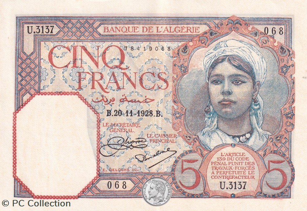 1928 Pick77a 5 Franc algérien 068 SPL billets afrique 1928 pick77a 5 franc algerien 068 spl