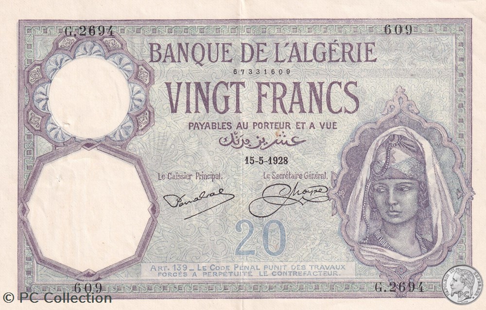 1928 Pick78b 609 20 Franc algérien Spl billets afrique 1928 pick78b 609 20 franc algerien spl