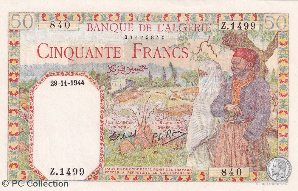 1944 Pick 87a 50 Franc algérien 840 Unc billets afrique 1944 pick 87a 50 franc algerien 840 unc