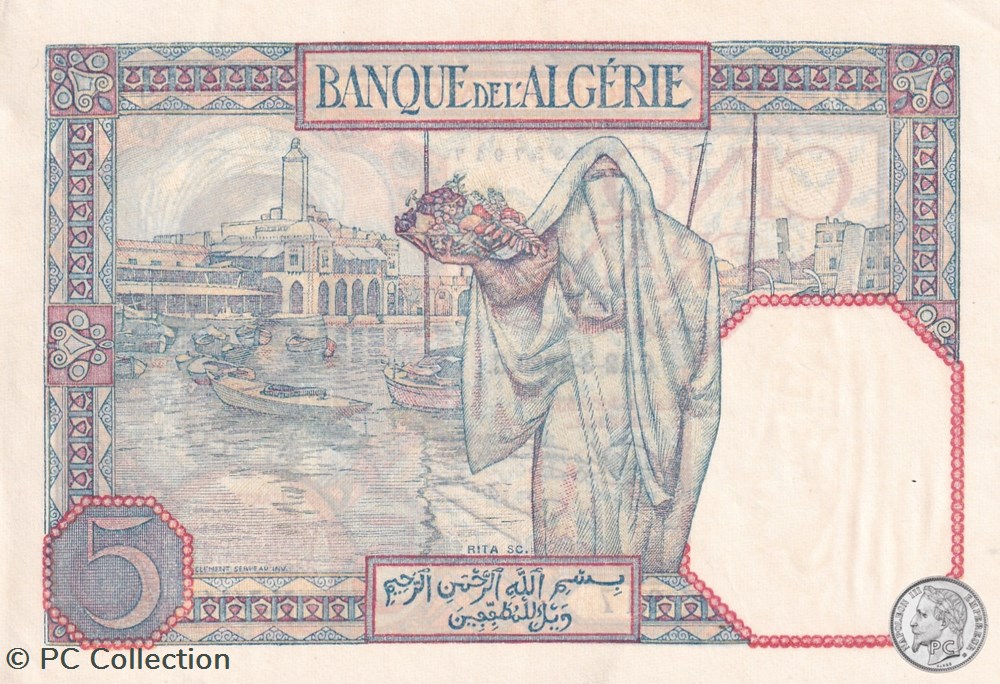1929 Pick77a 5 Franc algérien Unc billets afrique 1929 pick77a 5 franc algerien unc