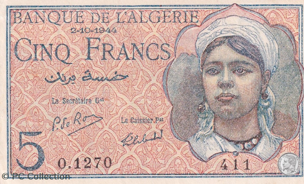 1944 Pick94b O-1270 411 5 Franc algérien (6)Unc billets afrique 1944 pick94b o 1270 411 5 franc algerien 6 unc