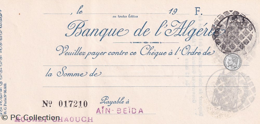 Très rare Chèque Banque Algérie avec filigrane LION billets afrique tres rare cheque banque algerie avec filigrane lion
