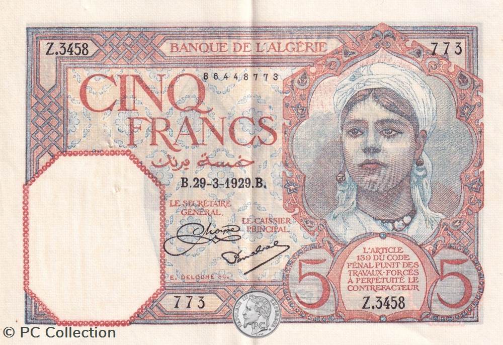 1929 Pick77a 5 Franc algérien Sup billets afrique 1929 pick77a 5 franc algerien sup