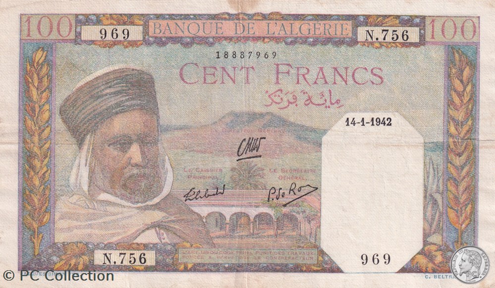 1942 Pick88 100 Franc algérien TB billets afrique 1942 pick88 100 franc algerien tb