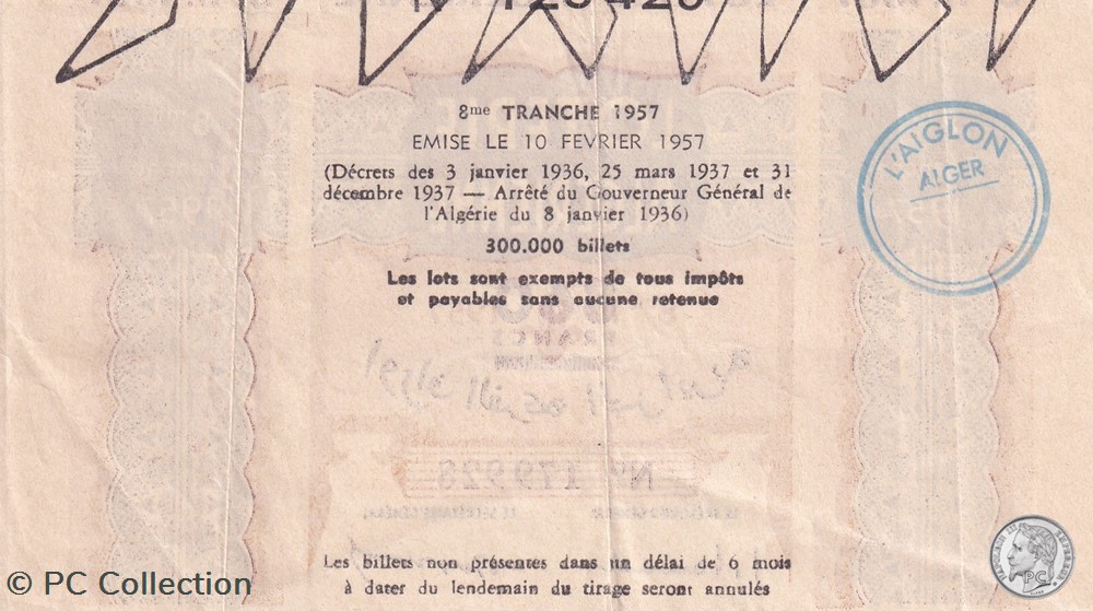 Loterie Algérienne 8éme Tranche 1957 billets afrique loterie algerienne 8eme tranche 1957