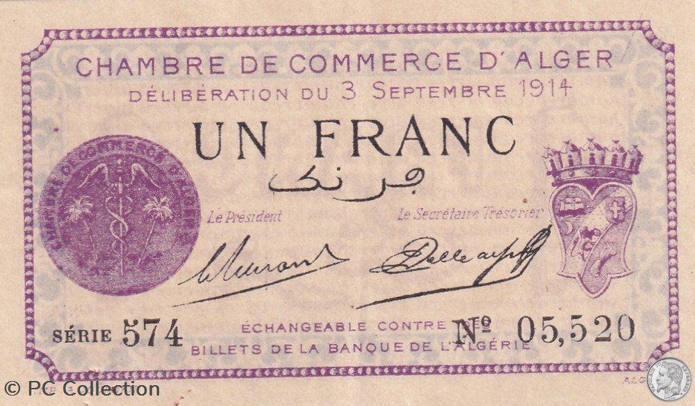 137-1 -3/9/1914 Alger 1 Franc Cdc. (13) billets afrique algerie 137 1 3 9 1914 alger 1 franc cdc 13
