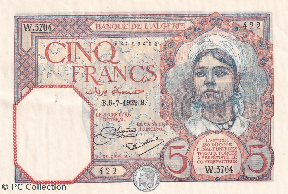 1929 Pick77a 5 Franc algérien sup billets afrique 1929 pick77a 5 franc algerien sup