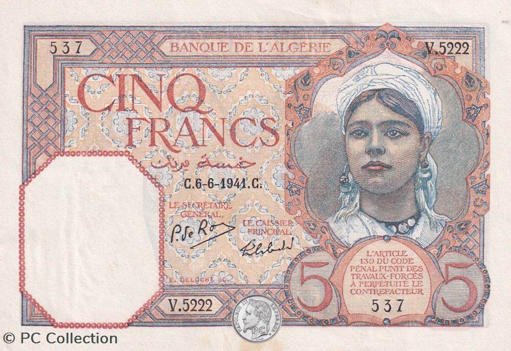 1941 Pick77b 5 Franc algérien 537 SPL billets afrique 1941 pick77b 5 franc algerien 537 spl