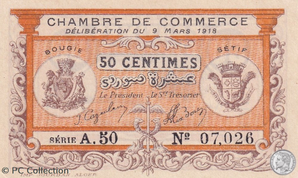 139-3- 9/3/1918 Bougie Sétif 50 cts Cdc Séries A.50 billets afrique algerie 139 3 9 3 1918 bougie setif 50 cts cdc series a 50