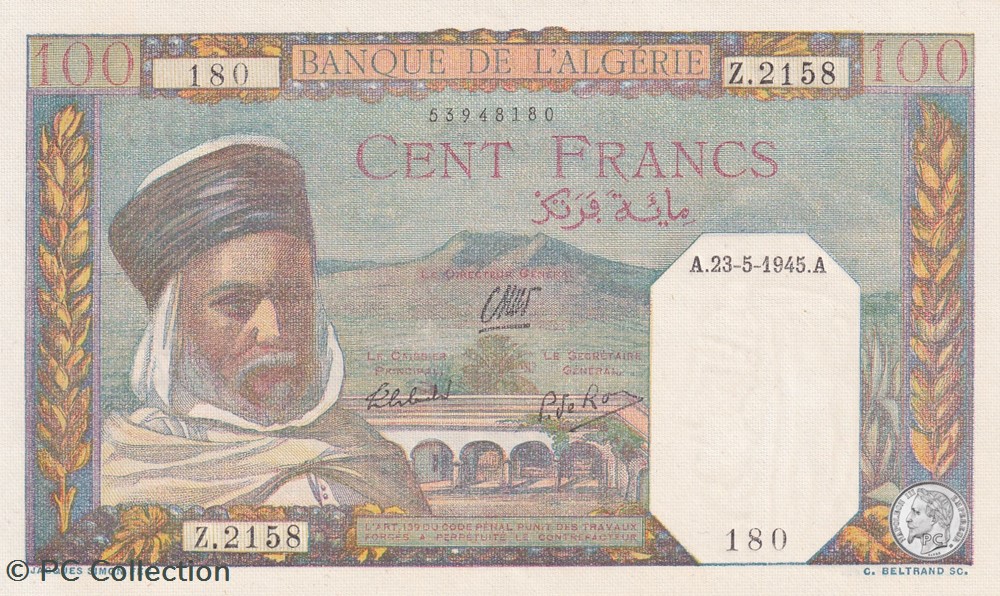 1945 Pick 85 100 Franc algérien 180 Unc billets afrique 1945 pick 85 100 franc algerien 180 unc