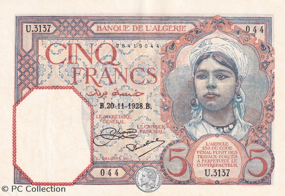 1928 Pick77a 5 Franc algérien 044 SPL billets afrique 1928 pick77a 5 franc algerien 044 spl