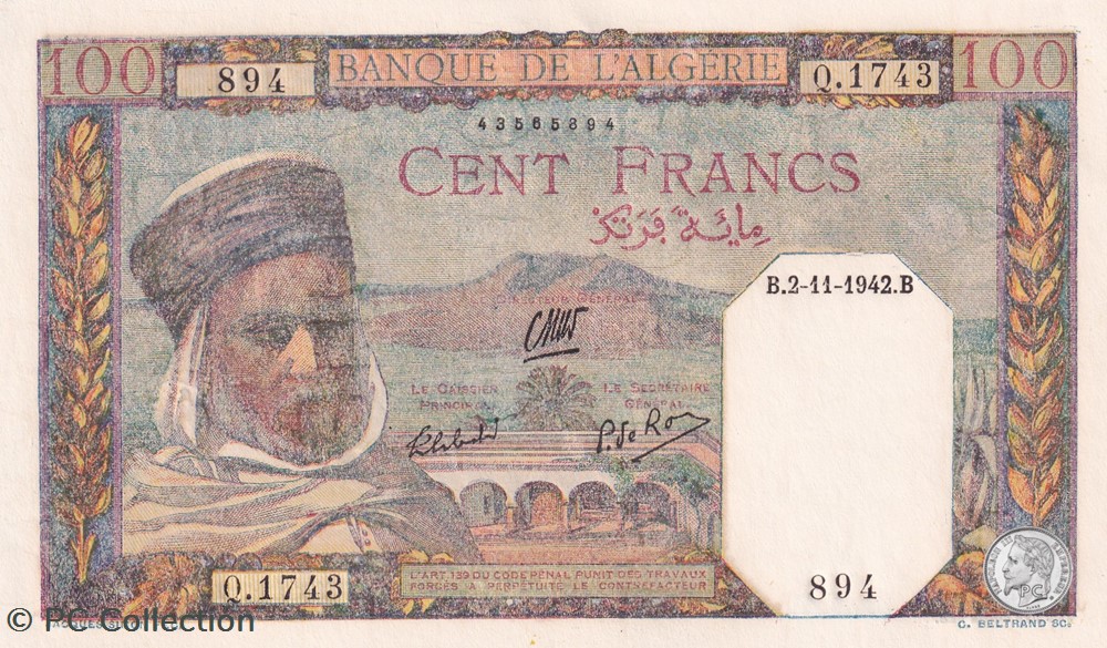 1942 Pick88 894 100 Franc algérien Unc billets afrique 1942 pick88 894 100 franc algerien unc
