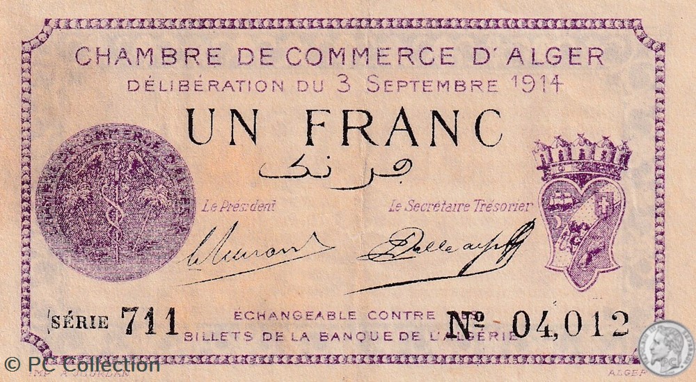 137-1 -3/9/1914 Alger 1 Franc Cdc. (16) billets afrique algerie 137 1 3 9 1914 alger 1 franc cdc 16