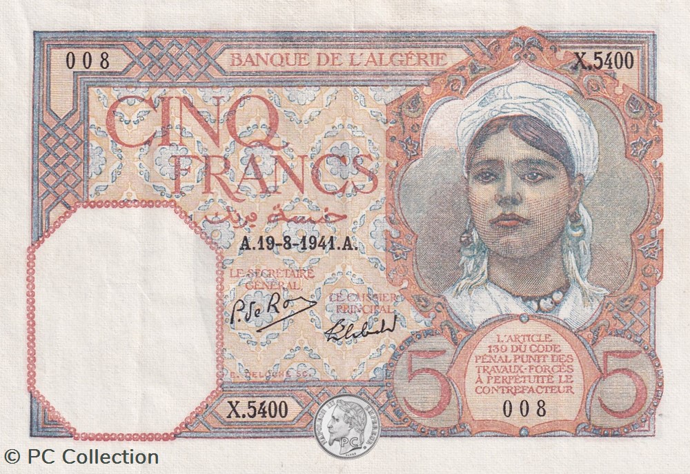 1941 Pick77b 5 Franc algérien Sup billets afrique 1941 pick77b 5 franc algerien sup