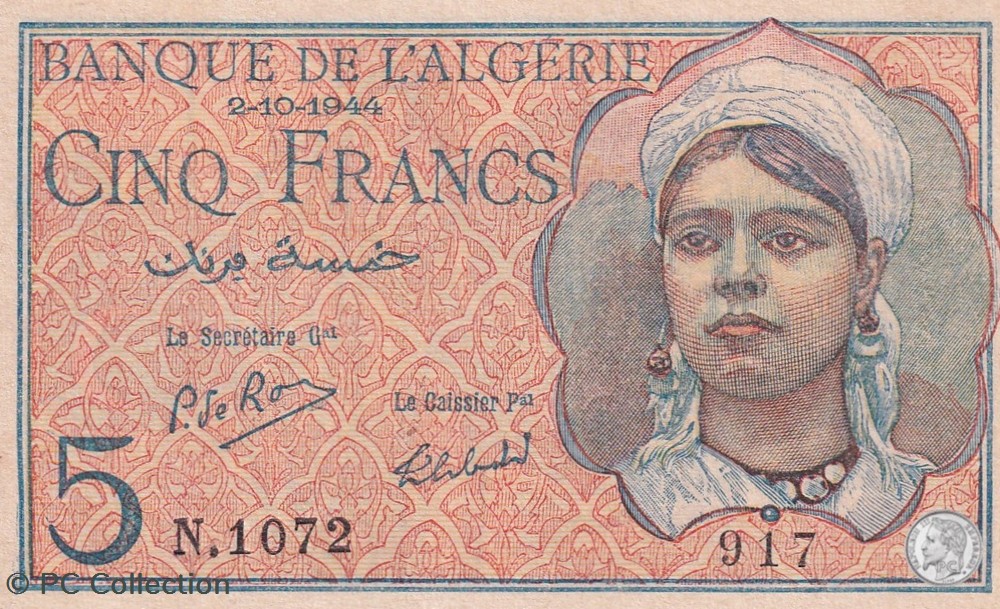 1944 Pick 94b 5 Franc algérien (5)Unc billets afrique 1944 pick 94b 5 franc algerien 5 unc