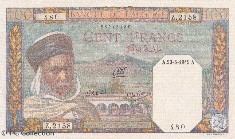 1945 Pick 85 100 Franc algérien 480 Unc billets afrique 1945 pick 85 100 franc algerien 480 unc