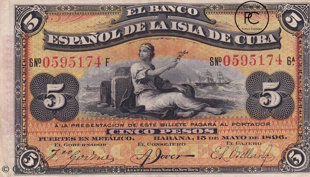 billets amerique centrale et caraibes 1896 pick48b 5 mn peso cubain sup