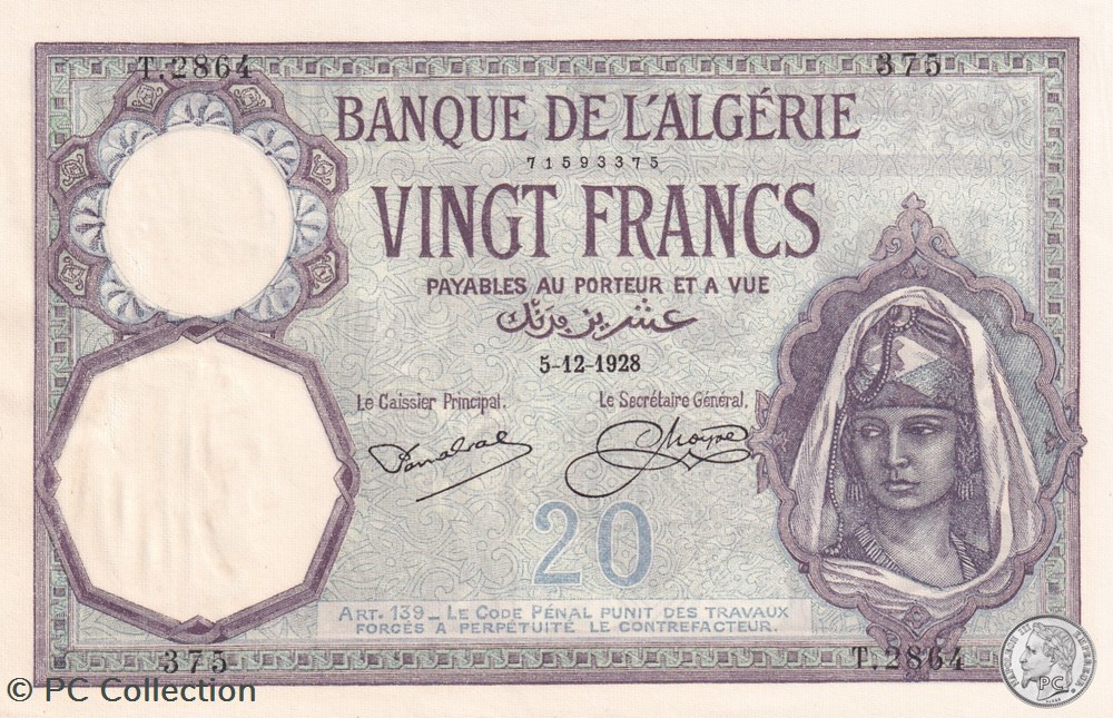 billets afrique 1928 pick78b 20 franc algerien 375 spl