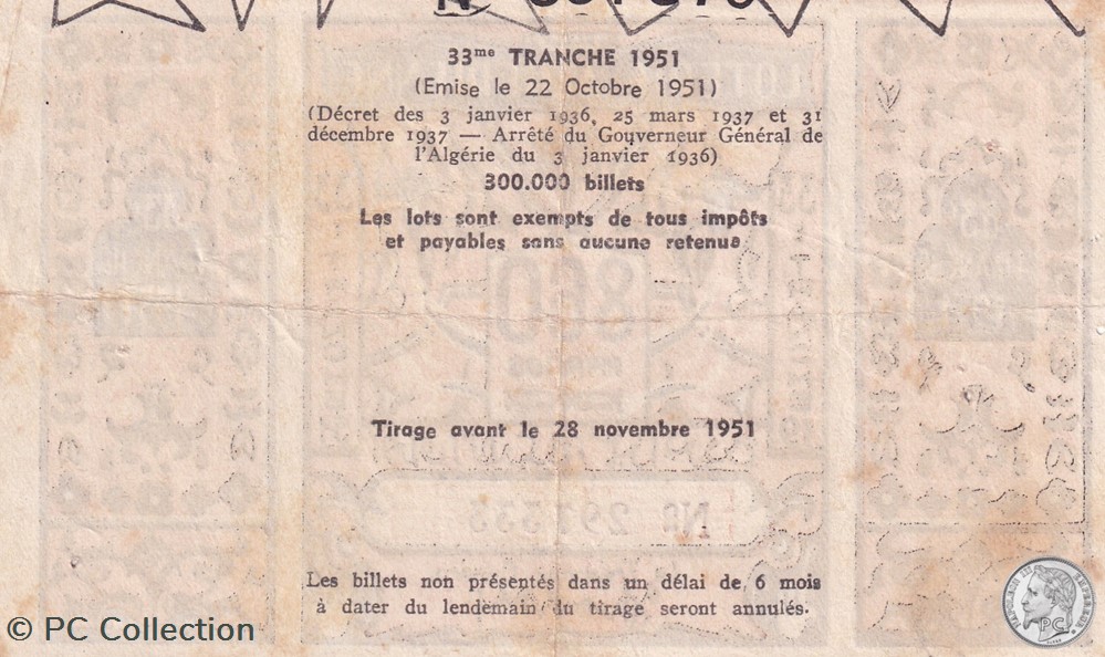 Loterie Algérienne 33éme Tranche 1951 billets afrique loterie algerienne 33eme tranche 1951