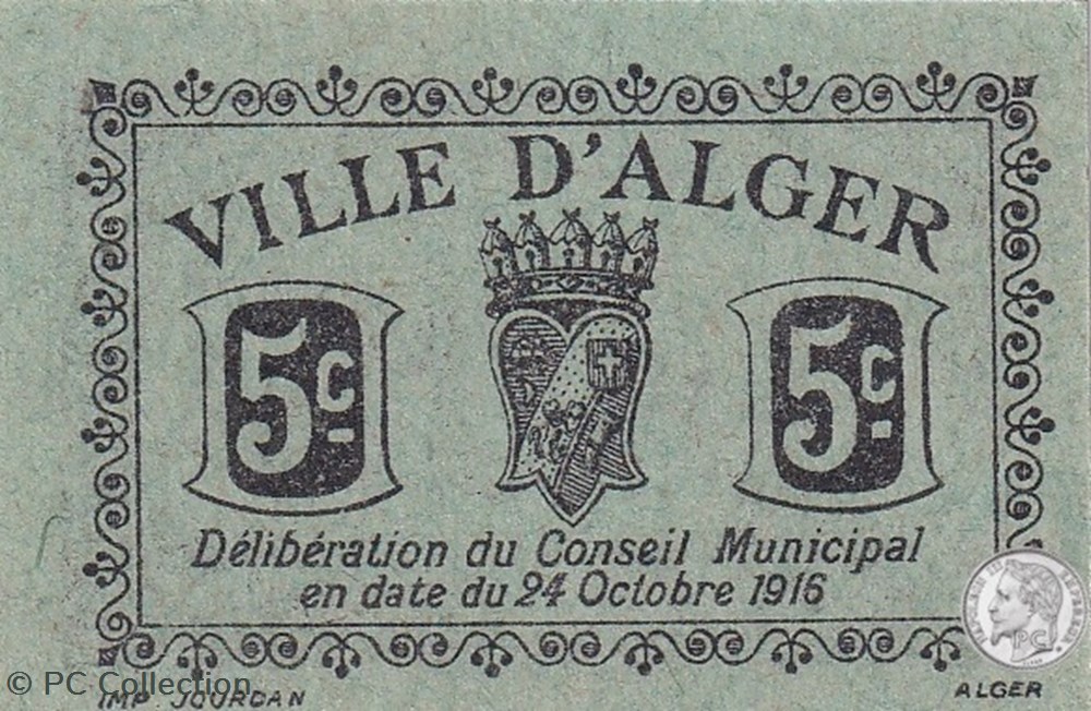 Ville d'Alger-24/10/1916 5 Centimes Vert (3) billets afrique algerie ville alger 24 10 1916 5 centimes vert 3