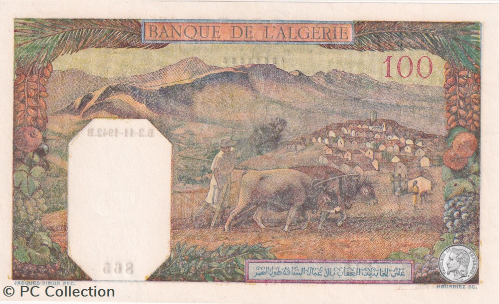 1942 Pick88 865 100 Franc algérien Unc billets afrique 1942 pick88 865 100 franc algerien unc