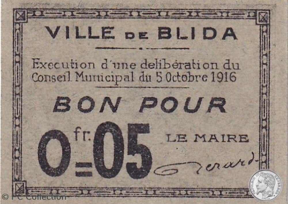 BLIDA 1 - Gris - 0,05 franc 1916 billets afrique algerie blida 1 gris 0 05 franc 1916