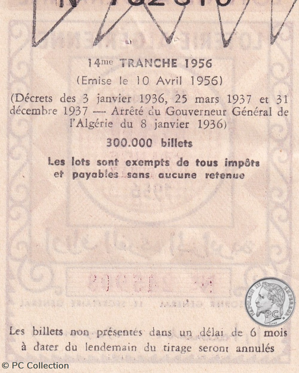 Loterie Algérienne 14éme Tranche 1956 billets afrique loterie algerienne 14eme tranche 1956