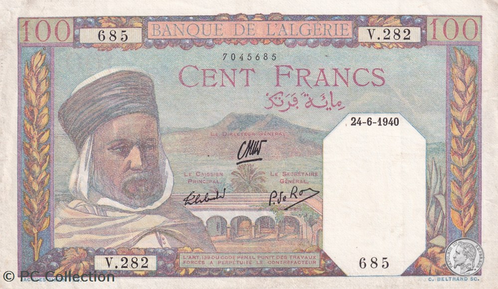 1940 Pick88 100 Franc algérien 834 TTB billets afrique 1940 pick88 100 franc algerien 834 ttb