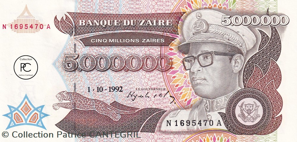 1992 Pick46a 5 000 000 Ƶ - Zaïre zairéen Unc billets afrique 1992 pick46a 5 000 000 zaire zaireen unc
