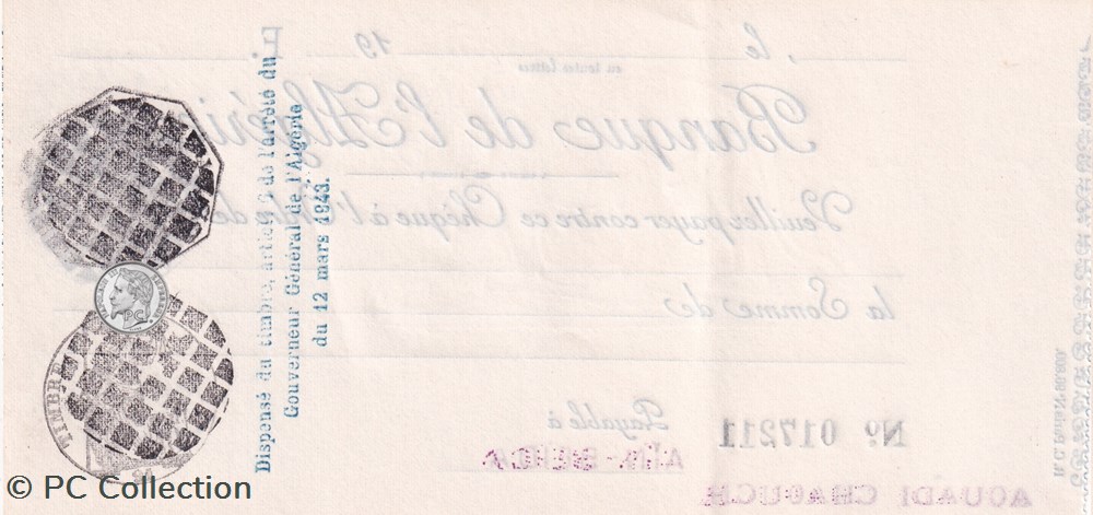 Très rare Chèque Banque Algérie avec filigrane LION billets afrique tres rare cheque banque algerie avec filigrane lion