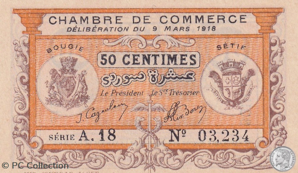 139-3- 9/3/1918 Bougie Sétif 50 cts Cdc Séries A.18 billets afrique algerie 139 3 9 3 1918 bougie setif 50 cts cdc series a 18