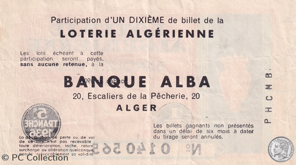 Loterie Algérienne 1/10éme 5éme Tranche 1936 billets afrique loterie algerienne 1 10eme 5eme tranche 1936