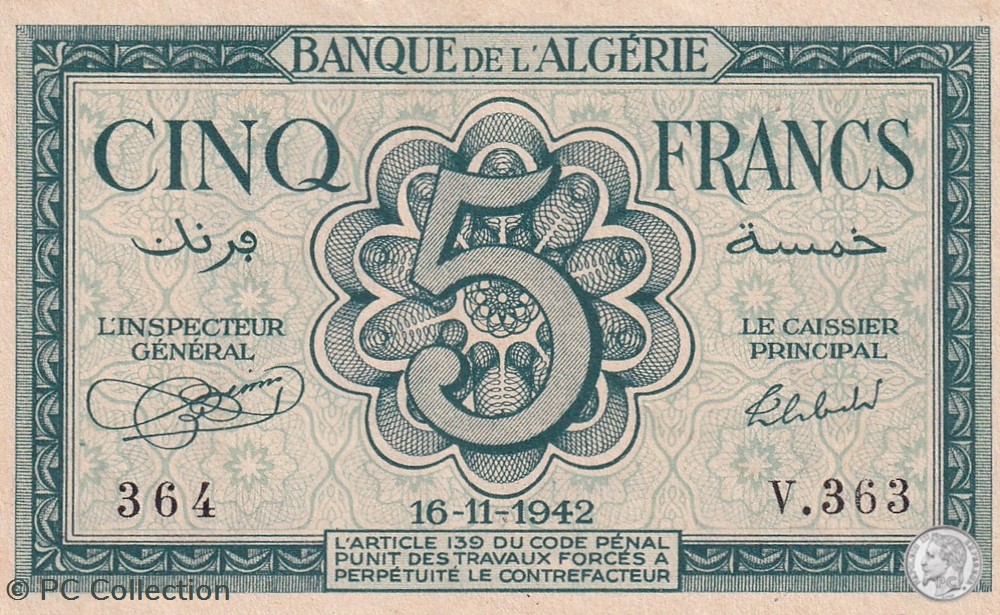 1942 Pick91 5 Franc algérien Unc (2) billets afrique 1942 pick91 5 franc algerien unc 2