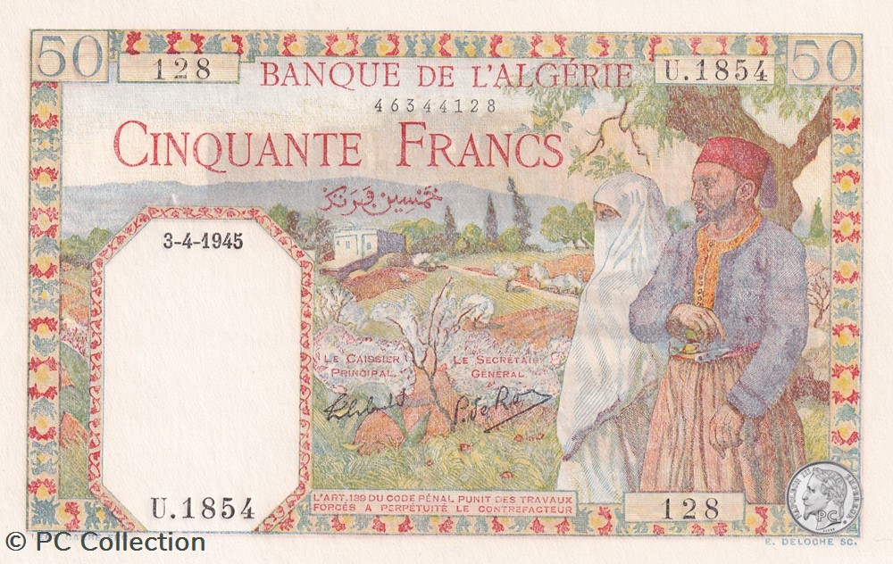 1945 Pick12 128 50 Franc algérien Unc billets afrique 1945 pick12 128 50 franc algerien unc