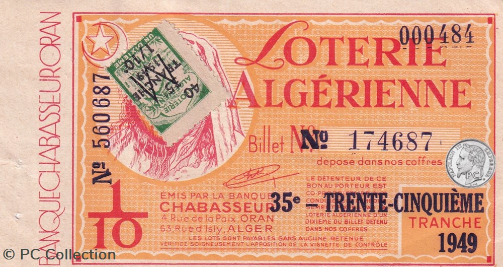 billets afrique loterie algerienne 1 10eme 35eme tranche 1949
