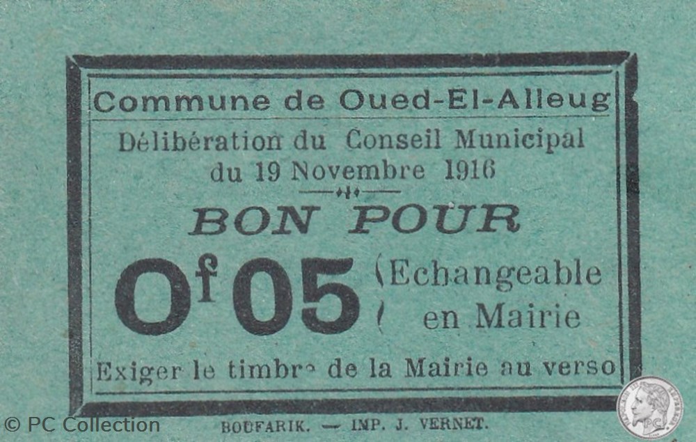 billets afrique algerie oued el alleug bon pour 0 05 franc vert 1916 2
