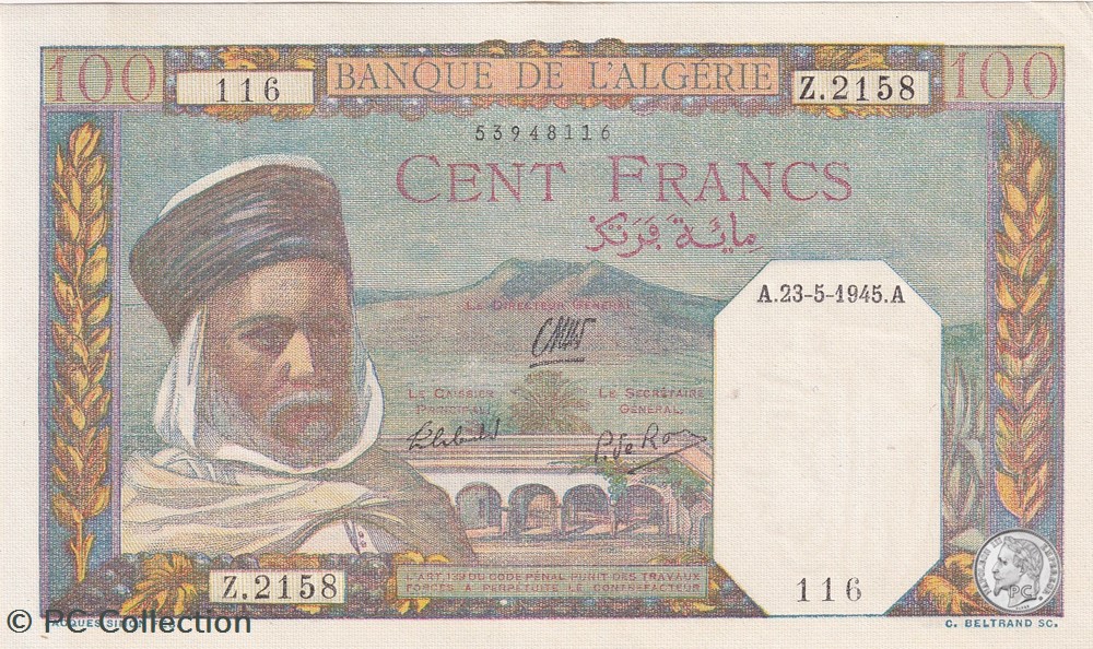 billets afrique 1945 pick 85 116 100 franc algerien unc