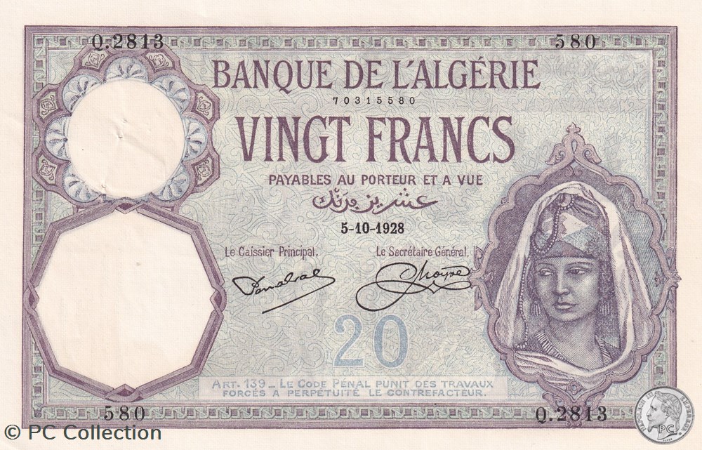 1928 Pick78b 580 20 Franc algérien Spl billets afrique 1928 pick78b 580 20 franc algerien spl