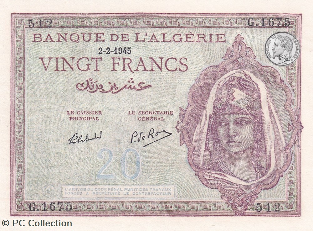 1945 Pick92b.3 512 20 Franc algérien Unc billets afrique 1945 pick92b 3 512 20 franc algerien unc