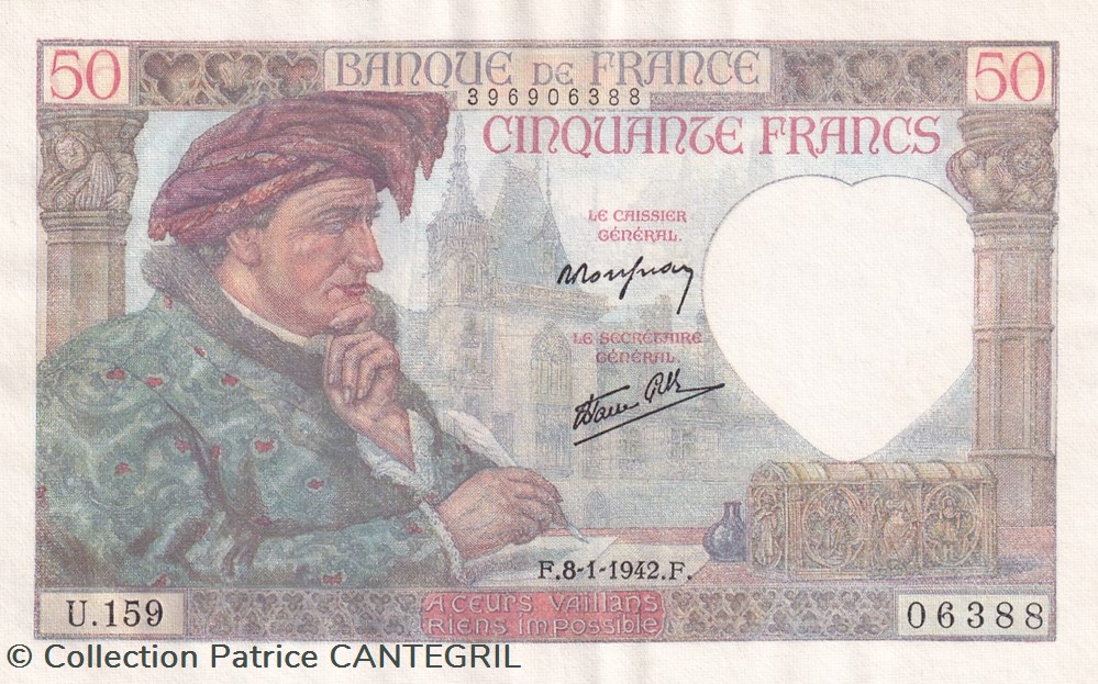 1942 Pick 93 50 Francs Jacques Coeur billets europe france 1942 pick 93 50 francs jacques coeur